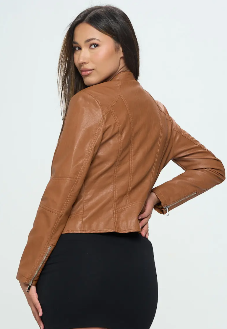 Tan vegan leather jacket store