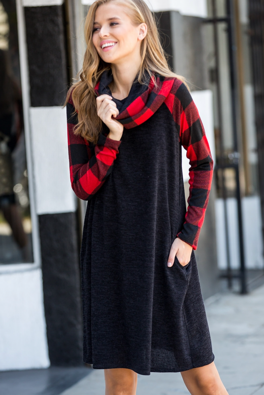 Red plaid sweater dress shop